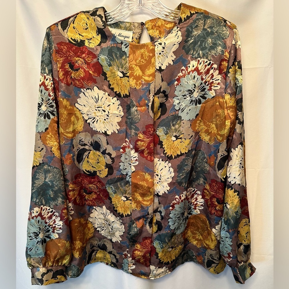 Jeri Marque 80s VTG‎ Colorful Satin Floral Art Deco Button Down Blouse Size 14